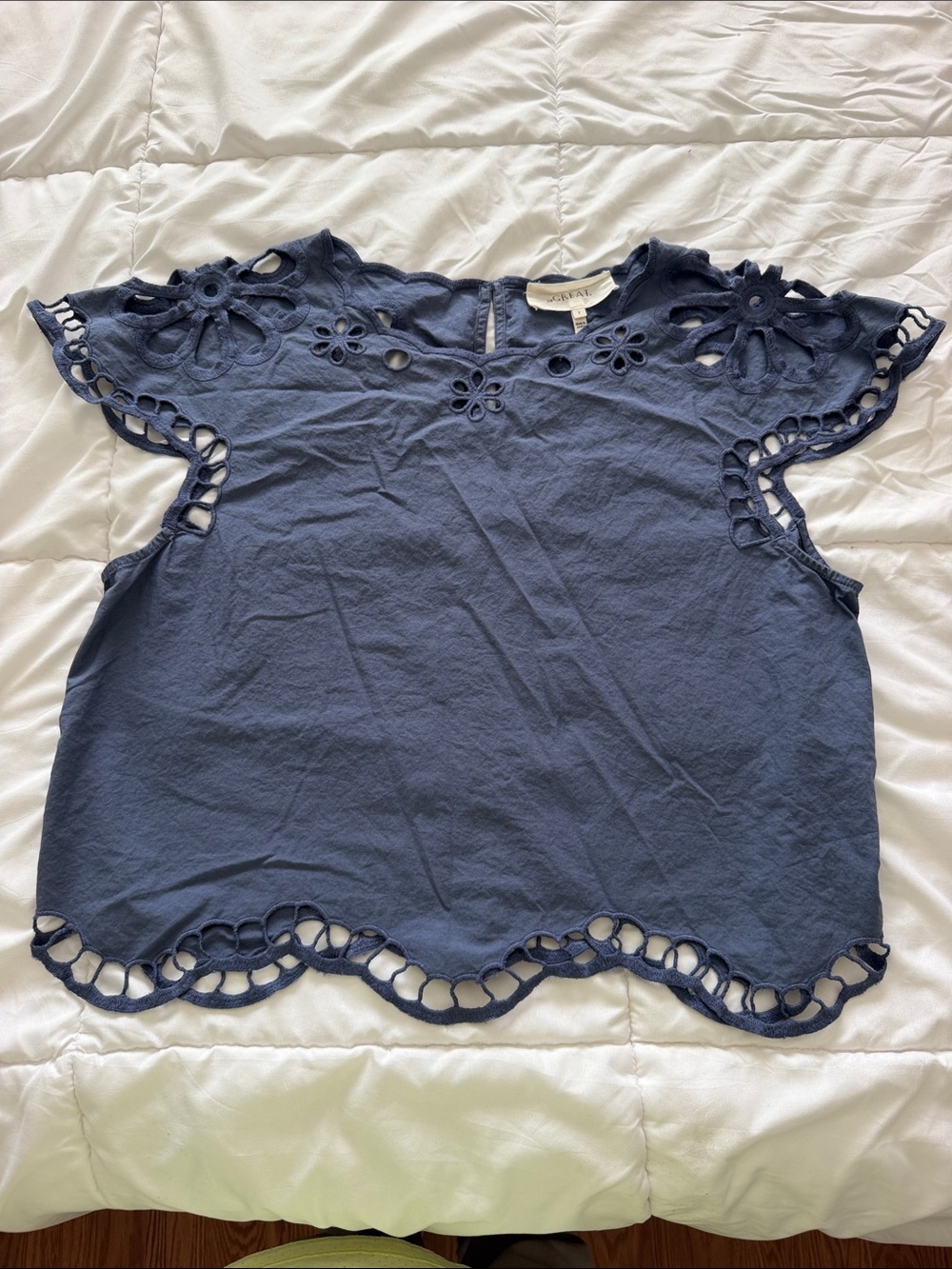 The Great Navy Cutout Eyelet Floral Top